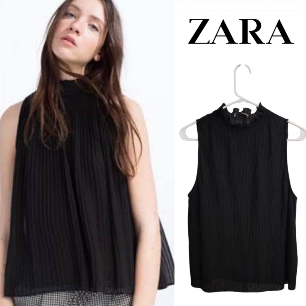 Zara High Neck Pleated Sleeveless Top In Black